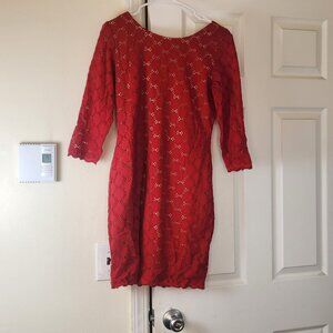 Red Lace Long-Sleeve Knee-Length Dress